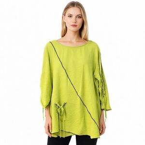 Ali Miles Blouse Womens Medium Green Textured 3/4 Sleeve Tunic Asym Hem